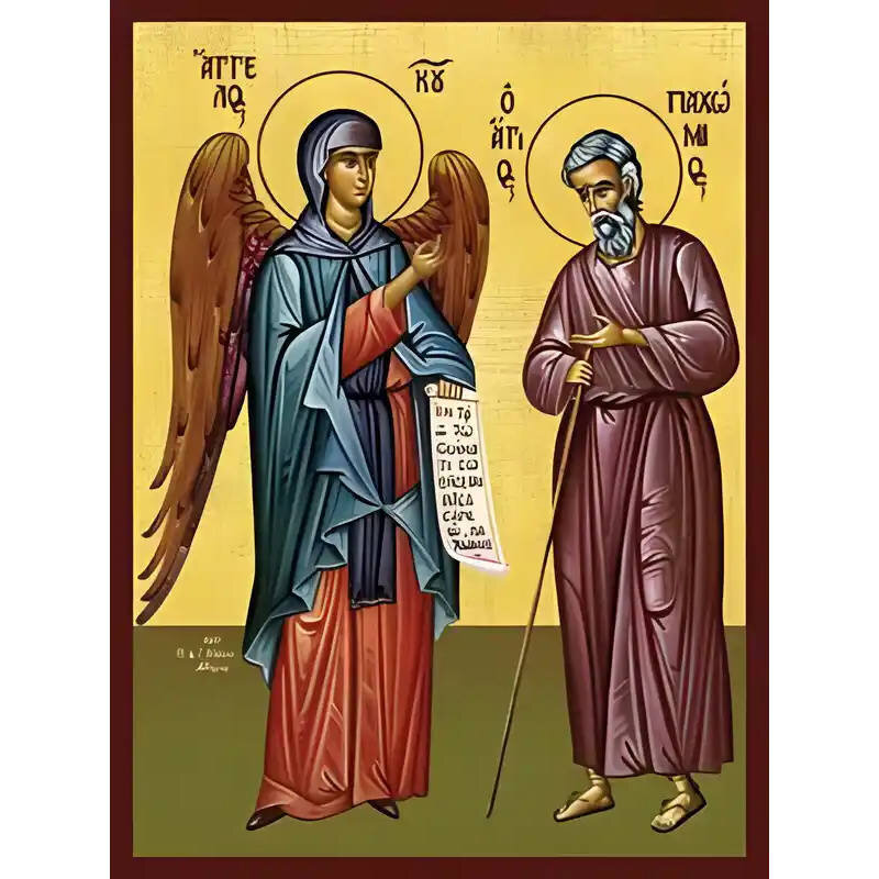 Εικόνα Ορθοδοξίας με περίγραμμα χρυσό σε ξύλο Φλαμουρίας  με  βάση Εικόνα ΑΓΙΟΣ ΠΑΧΩΜΙΟΣ Ο ΜΕΓΑΣ, ΥΠΟΔΕΙΚΝΥΟΜΕΝΟΣ ΤΟ ΜΟΝΑΧΙΚΟ ΣΧΗΜΑ ΥΠΟ ΤΟΥ ΑΓΓΕΛΟΥ Χειροποίητη Ελληνορθόδοξη εικόνα του Ιησού Χριστού, Κρεμαστή πλάκα βυζαντινής τέχνης, χριστιανική τέχνη Διάσταση 15x11 cm (5,9x4,3 ίντσες)  INTRAEK-337757864629