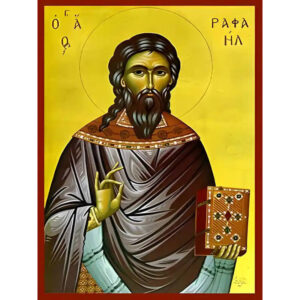 Εικόνα Ορθοδοξίας με περίγραμμα χρυσό σε ξύλο Φλαμουρίας με βάση Εικόνα ΑΓΙΟΣ ΡΑΦΑΗΛ, ΝΕΟΜΑΡΤΥΣ ΜΥΤΙΛΗΝΗΣ Χειροποίητη Ελληνορθόδοξη εικόνα του Ιησού Χριστού, Κρεμαστή πλάκα βυζαντινής τέχνης, χριστιανική τέχνη Διάσταση 15x11 cm (5,9x4,3 ίντσες) INTRAEK-337757864610