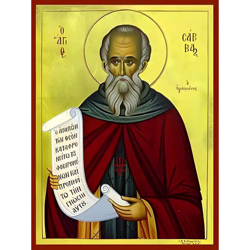 Εικόνα Ορθοδοξίας με περίγραμμα χρυσό σε ξύλο Φλαμουρίας  με  βάση Εικόνα ΑΓΙΟΣ ΣΑΒΒΑΣ, Ο ΗΓΙΑΣΜΕΝΟΣ Χειροποίητη Ελληνορθόδοξη εικόνα του Ιησού Χριστού, Κρεμαστή πλάκα βυζαντινής τέχνης, χριστιανική τέχνη Διάσταση 15x11 cm (5,9x4,3 ίντσες)  INTRAEK-337757864607