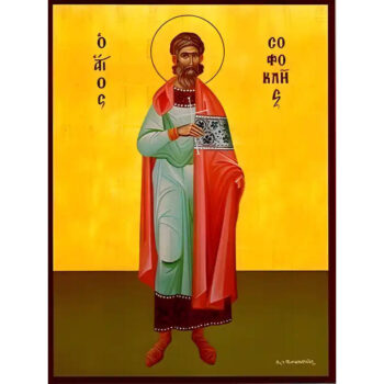 Εικόνα Ορθοδοξίας με περίγραμμα χρυσό σε ξύλο Φλαμουρίας με βάση Εικόνα ΑΓΙΟΣ ΣΟΦΟΚΛΗΣ, ΜΑΡΤΥΣ, ΟΛΟΣΩΜΟΣ Χειροποίητη Ελληνορθόδοξη εικόνα του Ιησού Χριστού, Κρεμαστή πλάκα βυζαντινής τέχνης, χριστιανική τέχνη Διάσταση 15x11 cm (5,9x4,3 ίντσες) INTRAEK-337757864592 - Image 1
