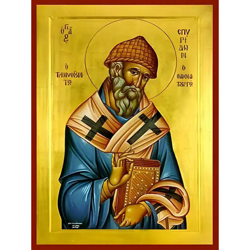 Εικόνα Ορθοδοξίας με περίγραμμα χρυσό σε ξύλο Φλαμουρίας  με  βάση Εικόνα ΑΓΙΟΣ ΣΠΥΡΙΔΩΝ, ΕΠΙΣΚΟΠΟΣ ΤΡΙΜΥΘΟΥΝΤΟΣ ΚΥΠΡΟΥ Χειροποίητη Ελληνορθόδοξη εικόνα του Ιησού Χριστού, Κρεμαστή πλάκα βυζαντινής τέχνης, χριστιανική τέχνη Διάσταση 15x11 cm (5,9x4,3 ίντσες)  INTRAEK-337757863757