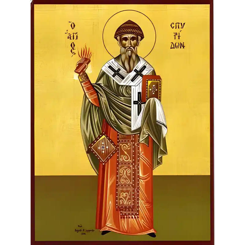 Εικόνα Ορθοδοξίας με περίγραμμα χρυσό σε ξύλο Φλαμουρίας  με  βάση Εικόνα ΑΓΙΟΣ ΣΠΥΡΙΔΩΝ, ΕΠΙΣΚΟΠΟΣ ΤΡΙΜΥΘΟΥΝΤΟΣ ΚΥΠΡΟΥ, ΟΛΟΣΩΜΟΣ Χειροποίητη Ελληνορθόδοξη εικόνα του Ιησού Χριστού, Κρεμαστή πλάκα βυζαντινής τέχνης, χριστιανική τέχνη Διάσταση 15x11 cm (5,9x4,3 ίντσες)  INTRAEK-337757864584