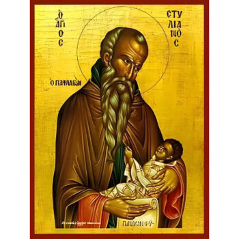 Εικόνα Ορθοδοξίας με περίγραμμα χρυσό σε ξύλο Φλαμουρίας με βάση Εικόνα ΑΓΙΟΣ ΣΤΥΛΙΑΝΟΣ, Ο ΠΑΦΛΑΓΩΝ Χειροποίητη Ελληνορθόδοξη εικόνα του Ιησού Χριστού, Κρεμαστή πλάκα βυζαντινής τέχνης, χριστιανική τέχνη Διάσταση 15x11 cm (5,9x4,3 ίντσες) INTRAEK-337757864575 - Image 1