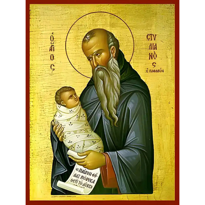 Εικόνα Ορθοδοξίας με περίγραμμα χρυσό σε ξύλο Φλαμουρίας  με  βάση Εικόνα ΑΓΙΟΣ ΣΤΥΛΙΑΝΟΣ, Ο ΠΑΦΛΑΓΩΝ Χειροποίητη Ελληνορθόδοξη εικόνα του Ιησού Χριστού, Κρεμαστή πλάκα βυζαντινής τέχνης, χριστιανική τέχνη Διάσταση 15x11 cm (5,9x4,3 ίντσες)  INTRAEK-337757864574