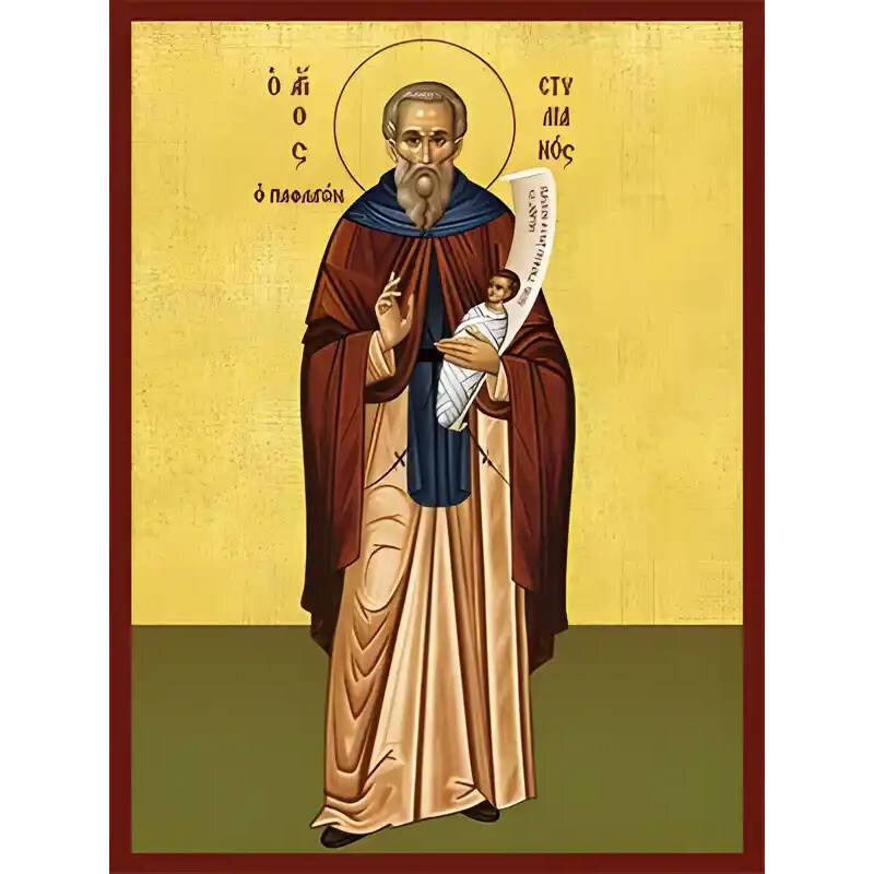 Εικόνα Ορθοδοξίας με περίγραμμα χρυσό σε ξύλο Φλαμουρίας  με  βάση Εικόνα ΑΓΙΟΣ ΣΤΥΛΙΑΝΟΣ, Ο ΠΑΦΛΑΓΩΝ, ΟΛΟΣΩΜΟΣ Χειροποίητη Ελληνορθόδοξη εικόνα του Ιησού Χριστού, Κρεμαστή πλάκα βυζαντινής τέχνης, χριστιανική τέχνη Διάσταση 15x11 cm (5,9x4,3 ίντσες)  INTRAEK-337757864572