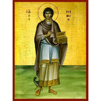 Εικόνα Ορθοδοξίας με περίγραμμα χρυσό σε ξύλο Φλαμουρίας  με  βάση Εικόνα ΑΓΙΟΣ ΤΡΥΦΩΝ, ΜΑΡΤΥΣ, ΟΛΟΣΩΜΟΣ Χειροποίητη Ελληνορθόδοξη εικόνα του Ιησού Χριστού, Κρεμαστή πλάκα βυζαντινής τέχνης, χριστιανική τέχνη Διάσταση 15x11 cm (5,9x4,3 ίντσες)  INTRAEK-337757864557 - Image 1