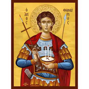 Εικόνα Ορθοδοξίας με περίγραμμα χρυσό σε ξύλο Φλαμουρίας με βάση Εικόνα ΑΓΙΟΣ ΦΑΝΟΥΡΙΟΣ Ο ΜΕΓΑΛΟΜΑΡΤΥΣ Χειροποίητη Ελληνορθόδοξη εικόνα του Ιησού Χριστού, Κρεμαστή πλάκα βυζαντινής τέχνης, χριστιανική τέχνη Διάσταση 15x11 cm (5,9x4,3 ίντσες) INTRAEK-337757864556 - Image 1