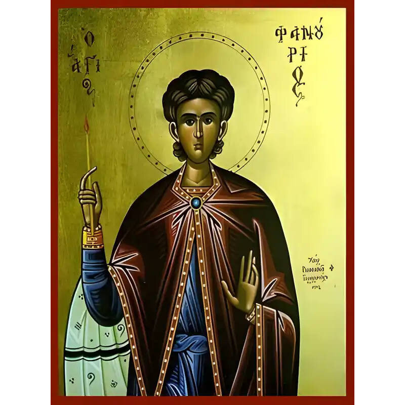 Εικόνα Ορθοδοξίας με περίγραμμα χρυσό σε ξύλο Φλαμουρίας  με  βάση Εικόνα ΑΓΙΟΣ ΦΑΝΟΥΡΙΟΣ, Ο ΜΕΓΑΛΟΜΑΡΤΥΣ Χειροποίητη Ελληνορθόδοξη εικόνα του Ιησού Χριστού, Κρεμαστή πλάκα βυζαντινής τέχνης, χριστιανική τέχνη Διάσταση 15x11 cm (5,9x4,3 ίντσες)  INTRAEK-337757864553