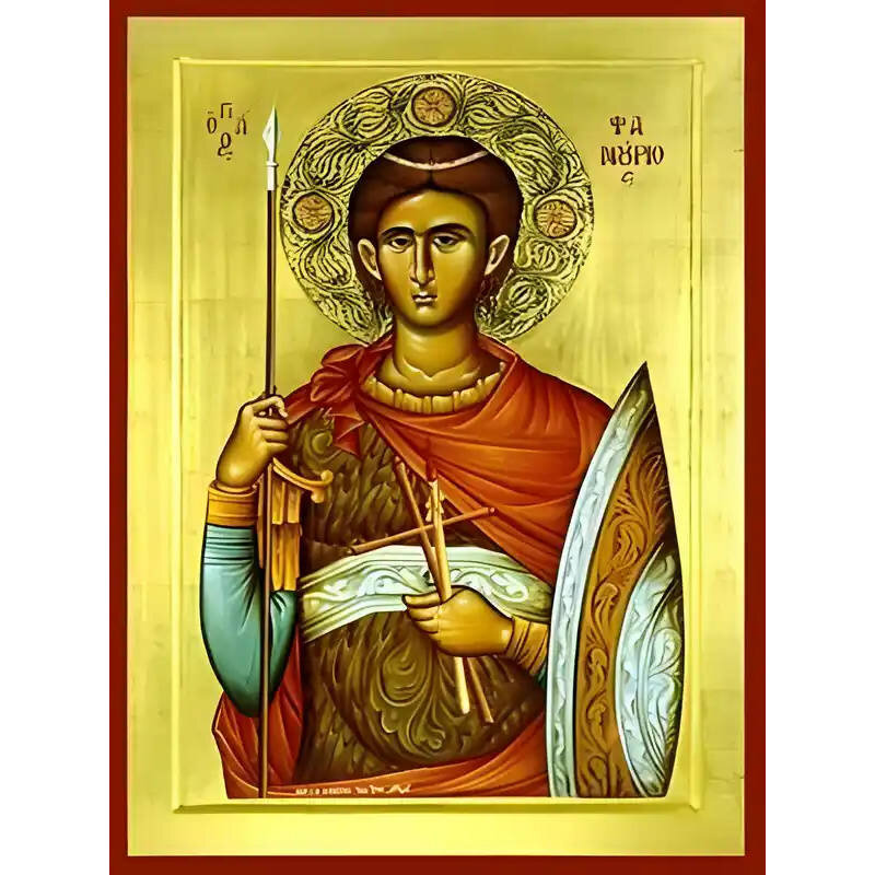 Εικόνα Ορθοδοξίας με περίγραμμα χρυσό σε ξύλο Φλαμουρίας  με  βάση Εικόνα ΑΓΙΟΣ ΦΑΝΟΥΡΙΟΣ, Ο ΜΕΓΑΛΟΜΑΡΤΥΣ Χειροποίητη Ελληνορθόδοξη εικόνα του Ιησού Χριστού, Κρεμαστή πλάκα βυζαντινής τέχνης, χριστιανική τέχνη Διάσταση 15x11 cm (5,9x4,3 ίντσες)  INTRAEK-337757864552