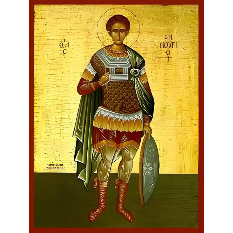 Εικόνα Ορθοδοξίας με περίγραμμα χρυσό σε ξύλο Φλαμουρίας  με  βάση Εικόνα ΑΓΙΟΣ ΦΑΝΟΥΡΙΟΣ, Ο ΜΕΓΑΛΟΜΑΡΤΥΣ, ΟΛΟΣΩΜΟΣ Χειροποίητη Ελληνορθόδοξη εικόνα του Ιησού Χριστού, Κρεμαστή πλάκα βυζαντινής τέχνης, χριστιανική τέχνη Διάσταση 15x11 cm (5,9x4,3 ίντσες)  INTRAEK-337757864549