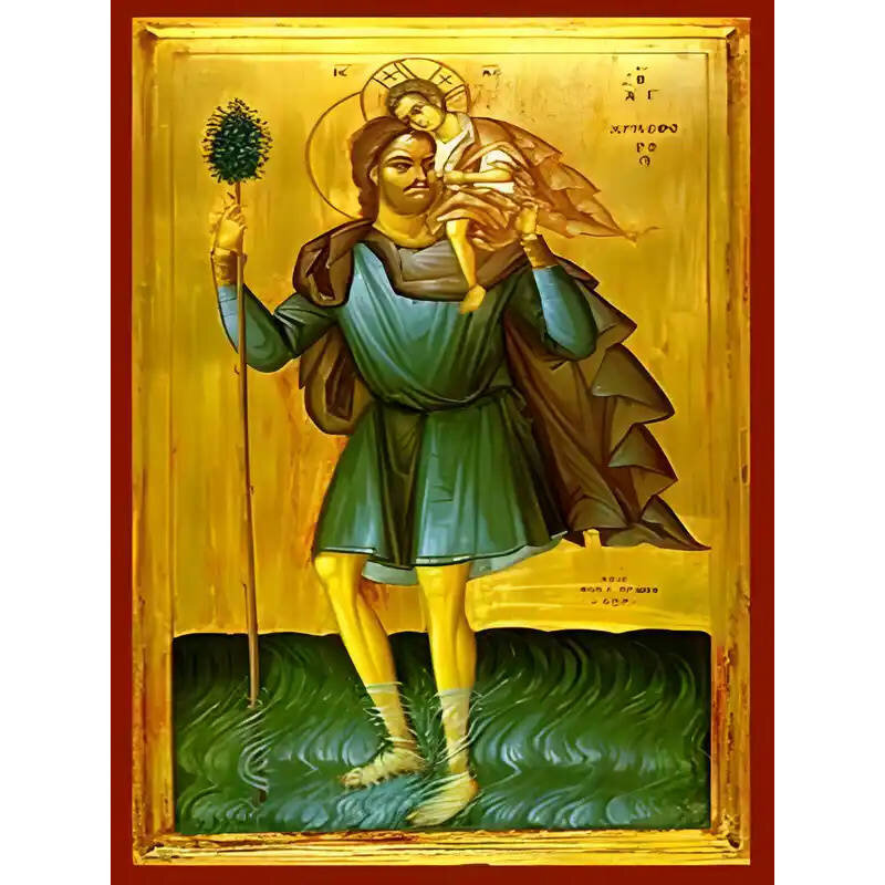 Εικόνα Ορθοδοξίας με περίγραμμα χρυσό σε ξύλο Φλαμουρίας  με  βάση Εικόνα ΑΓΙΟΣ ΧΡΙΣΤΟΦΟΡΟΣ, Ο ΜΕΓΑΛΟΜΑΡΤΥΣ, ΟΛΟΣΩΜΟΣ Χειροποίητη Ελληνορθόδοξη εικόνα του Ιησού Χριστού, Κρεμαστή πλάκα βυζαντινής τέχνης, χριστιανική τέχνη Διάσταση 15x11 cm (5,9x4,3 ίντσες)  INTRAEK-337757864532
