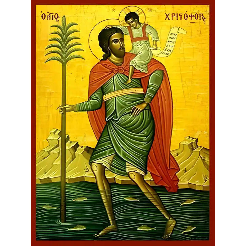 Εικόνα Ορθοδοξίας με περίγραμμα χρυσό σε ξύλο Φλαμουρίας  με  βάση Εικόνα ΑΓΙΟΣ ΧΡΙΣΤΟΦΟΡΟΣ, Ο ΜΕΓΑΛΟΜΑΡΤΥΣ, ΟΛΟΣΩΜΟΣ Χειροποίητη Ελληνορθόδοξη εικόνα του Ιησού Χριστού, Κρεμαστή πλάκα βυζαντινής τέχνης, χριστιανική τέχνη Διάσταση 15x11 cm (5,9x4,3 ίντσες)  INTRAEK-337757864531