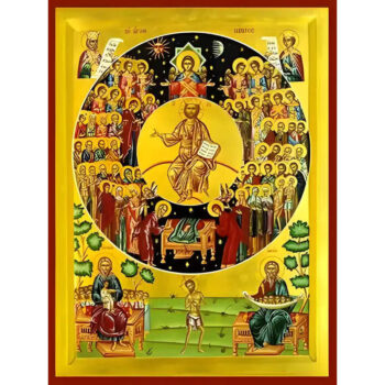 Εικόνα Ορθοδοξίας με περίγραμμα χρυσό σε ξύλο Φλαμουρίας  με  βάση Εικόνα ΑΓΙΩΝ ΠΑΝΤΩΝ Ο ΘΕΙΟΤΑΤΟΣ ΧΟΡΟΣ (ΑΓΙΟΙ ΠΑΝΤΕΣ) Χειροποίητη Ελληνορθόδοξη εικόνα του Ιησού Χριστού, Κρεμαστή πλάκα βυζαντινής τέχνης, χριστιανική τέχνη Διάσταση 15x11 cm (5,9x4,3 ίντσες)  INTRAEK-337757864528 - Image 1
