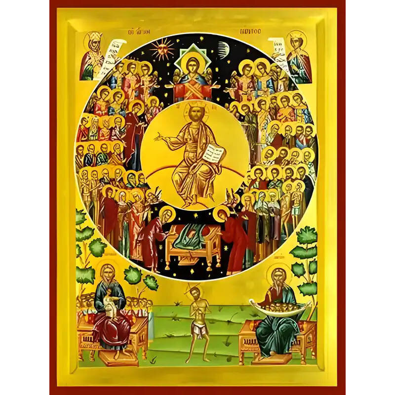 Εικόνα Ορθοδοξίας με περίγραμμα χρυσό σε ξύλο Φλαμουρίας  με  βάση Εικόνα ΑΓΙΩΝ ΠΑΝΤΩΝ Ο ΘΕΙΟΤΑΤΟΣ ΧΟΡΟΣ (ΑΓΙΟΙ ΠΑΝΤΕΣ) Χειροποίητη Ελληνορθόδοξη εικόνα του Ιησού Χριστού, Κρεμαστή πλάκα βυζαντινής τέχνης, χριστιανική τέχνη Διάσταση 15x11 cm (5,9x4,3 ίντσες)  INTRAEK-337757864528