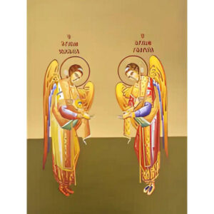 Εικόνα Ορθοδοξίας με περίγραμμα χρυσό σε ξύλο Φλαμουρίας  με  βάση Εικόνα ΑΡΧΑΓΓΕΛΟΙ ΜΙΧΑΗΛ ΚΑΙ ΓΑΒΡΙΗΛ, ΔΕΟΜΕΝΟΙ, ΟΛΟΣΩΜΟΙ Χειροποίητη Ελληνορθόδοξη εικόνα του Ιησού Χριστού, Κρεμαστή πλάκα βυζαντινής τέχνης, χριστιανική τέχνη Διάσταση 15x11 cm (5,9x4,3 ίντσες)  INTRAEK-337757863749