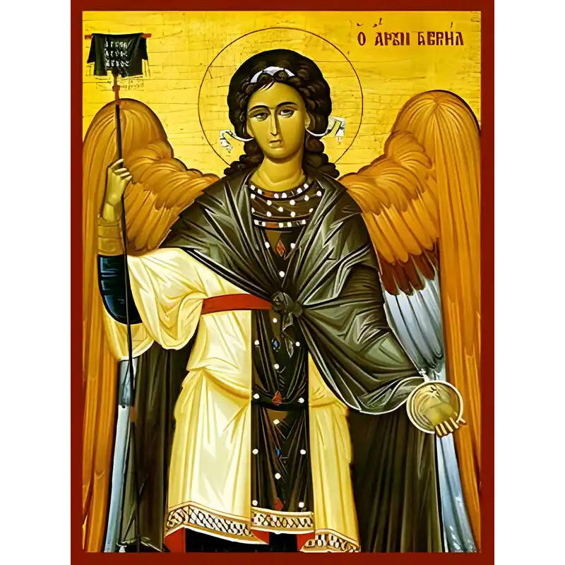 Εικόνα Ορθοδοξίας με περίγραμμα χρυσό σε ξύλο Φλαμουρίας  με  βάση Εικόνα ΑΡΧΑΓΓΕΛΟΣ ΓΑΒΡΙΗΛ Χειροποίητη Ελληνορθόδοξη εικόνα του Ιησού Χριστού, Κρεμαστή πλάκα βυζαντινής τέχνης, χριστιανική τέχνη Διάσταση 15x11 cm (5,9x4,3 ίντσες)  INTRAEK-337757864503
