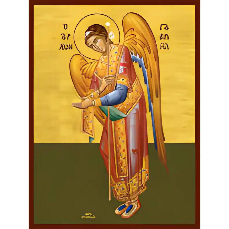 Εικόνα Ορθοδοξίας με περίγραμμα χρυσό σε ξύλο Φλαμουρίας  με  βάση Εικόνα ΑΡΧΑΓΓΕΛΟΣ ΓΑΒΡΙΗΛ, ΔΕΟΜΕΝΟΣ, ΟΛΟΣΩΜΟΣ Χειροποίητη Ελληνορθόδοξη εικόνα του Ιησού Χριστού, Κρεμαστή πλάκα βυζαντινής τέχνης, χριστιανική τέχνη Διάσταση 15x11 cm (5,9x4,3 ίντσες)  INTRAEK-337757864500