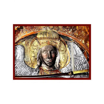 Εικόνα Ορθοδοξίας με περίγραμμα χρυσό σε ξύλο Φλαμουρίας  με  βάση Εικόνα ΑΡΧΑΓΓΕΛΟΣ ΜΙΧΑΗΛ ΜΑΝΤΑΜΑΔΟΥ, ΠΡΟΤΟΜΗ Χειροποίητη Ελληνορθόδοξη εικόνα του Ιησού Χριστού, Κρεμαστή πλάκα βυζαντινής τέχνης, χριστιανική τέχνη Διάσταση 15x11 cm (5,9x4,3 ίντσες)  INTRAEK-337757863747 - Image 1