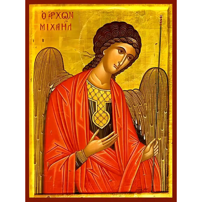 Εικόνα Ορθοδοξίας με περίγραμμα χρυσό σε ξύλο Φλαμουρίας  με  βάση Εικόνα ΑΡΧΑΓΓΕΛΟΣ ΜΙΧΑΗΛ, ΔΕΟΜΕΝΟΣ Χειροποίητη Ελληνορθόδοξη εικόνα του Ιησού Χριστού, Κρεμαστή πλάκα βυζαντινής τέχνης, χριστιανική τέχνη Διάσταση 15x11 cm (5,9x4,3 ίντσες)  INTRAEK-337757863745