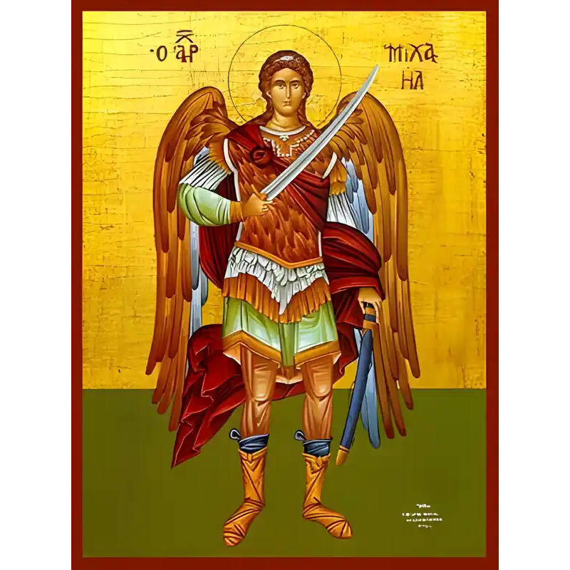 Εικόνα Ορθοδοξίας με περίγραμμα χρυσό σε ξύλο Φλαμουρίας  με  βάση Εικόνα ΑΡΧΑΓΓΕΛΟΣ ΜΙΧΑΗΛ, ΟΛΟΣΩΜΟΣ Χειροποίητη Ελληνορθόδοξη εικόνα του Ιησού Χριστού, Κρεμαστή πλάκα βυζαντινής τέχνης, χριστιανική τέχνη Διάσταση 15x11 cm (5,9x4,3 ίντσες)  INTRAEK-337757864482