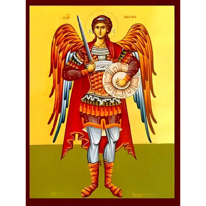 Εικόνα Ορθοδοξίας με περίγραμμα χρυσό σε ξύλο Φλαμουρίας  με  βάση Εικόνα ΑΡΧΑΓΓΕΛΟΣ ΜΙΧΑΗΛ, ΟΛΟΣΩΜΟΣ Χειροποίητη Ελληνορθόδοξη εικόνα του Ιησού Χριστού, Κρεμαστή πλάκα βυζαντινής τέχνης, χριστιανική τέχνη Διάσταση 15x11 cm (5,9x4,3 ίντσες)  INTRAEK-337757864481