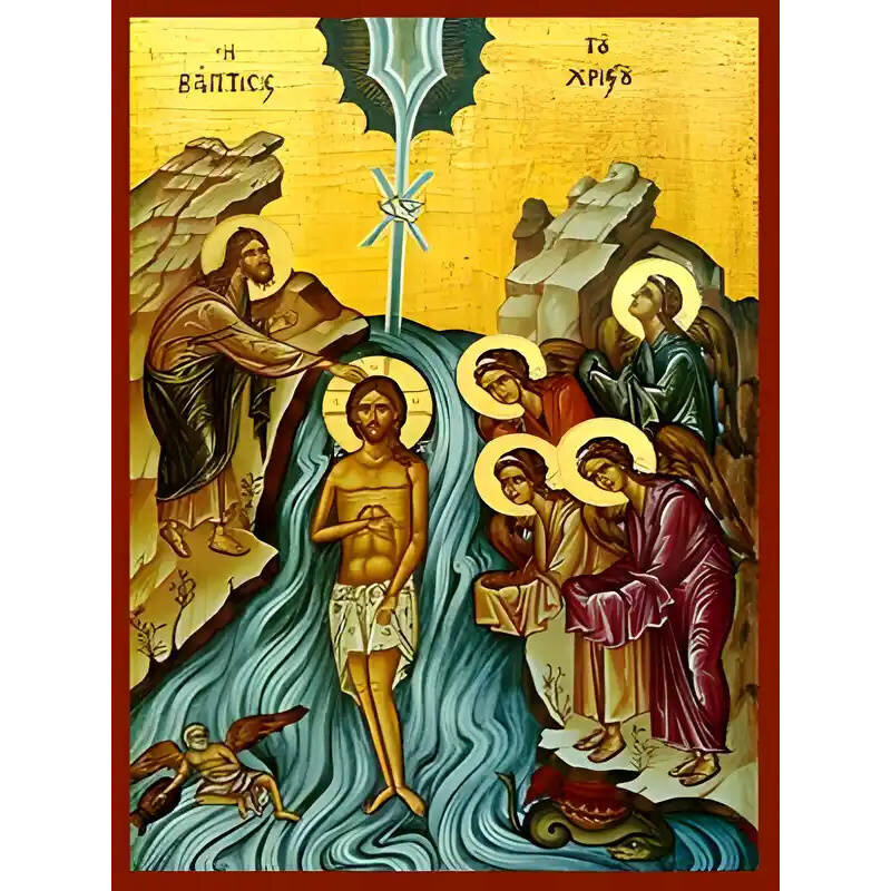 Εικόνα Ορθοδοξίας με περίγραμμα χρυσό σε ξύλο Φλαμουρίας  με  βάση Εικόνα ΒΑΠΤΙΣΙΣ ΧΡΙΣΤΟΥ Χειροποίητη Ελληνορθόδοξη εικόνα του Ιησού Χριστού, Κρεμαστή πλάκα βυζαντινής τέχνης, χριστιανική τέχνη Διάσταση 15x11 cm (5,9x4,3 ίντσες)  INTRAEK-337757864471