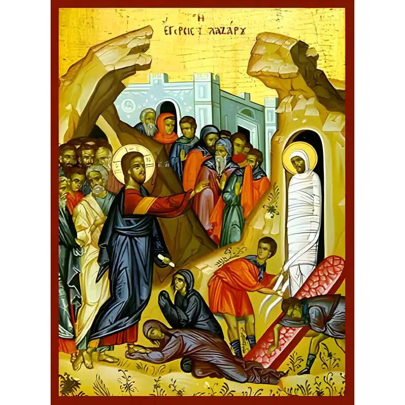 Εικόνα Ορθοδοξίας με περίγραμμα χρυσό σε ξύλο Φλαμουρίας  με  βάση Εικόνα ΕΓΕΡΣΙΣ ΛΑΖΑΡΟΥ Χειροποίητη Ελληνορθόδοξη εικόνα του Ιησού Χριστού, Κρεμαστή πλάκα βυζαντινής τέχνης, χριστιανική τέχνη Διάσταση 15x11 cm (5,9x4,3 ίντσες)  INTRAEK-337757864443