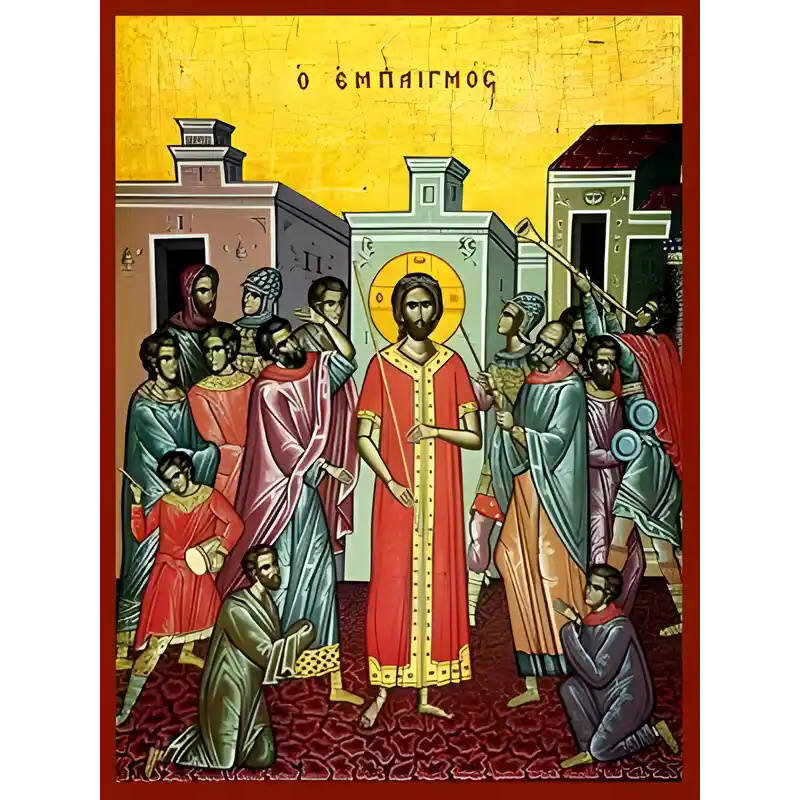 Εικόνα Ορθοδοξίας με περίγραμμα χρυσό σε ξύλο Φλαμουρίας  με  βάση Εικόνα ΕΜΠΑΙΓΜΟΣ Χειροποίητη Ελληνορθόδοξη εικόνα του Ιησού Χριστού, Κρεμαστή πλάκα βυζαντινής τέχνης, χριστιανική τέχνη Διάσταση 15x11 cm (5,9x4,3 ίντσες)  INTRAEK-337757864435