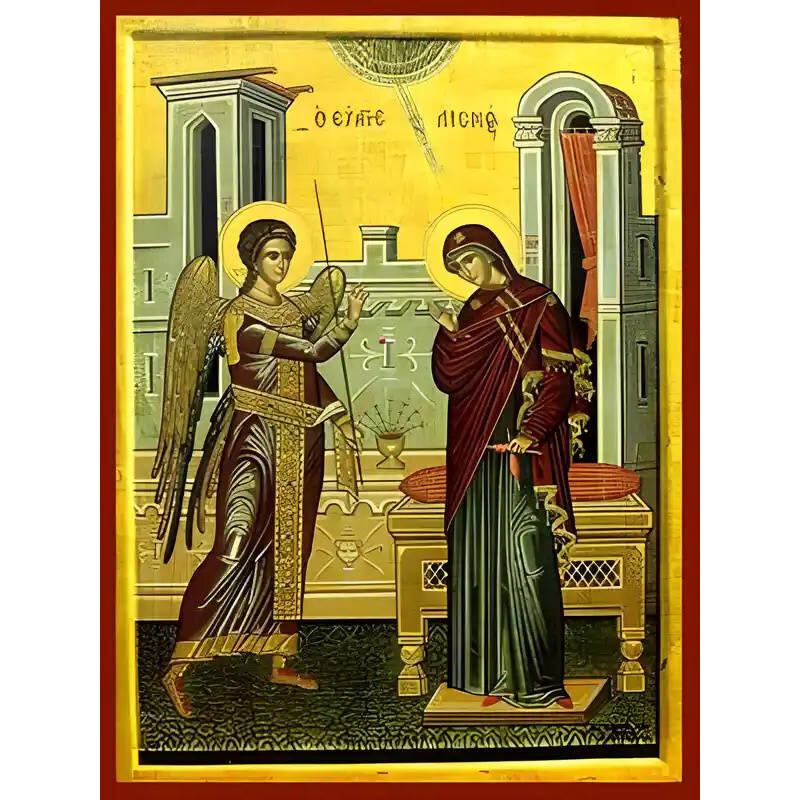 Εικόνα Ορθοδοξίας με περίγραμμα χρυσό σε ξύλο Φλαμουρίας  με  βάση Εικόνα ΕΥΑΓΓΕΛΙΣΜΟΣ ΘΕΟΤΟΚΟΥ Χειροποίητη Ελληνορθόδοξη εικόνα του Ιησού Χριστού, Κρεμαστή πλάκα βυζαντινής τέχνης, χριστιανική τέχνη Διάσταση 15x11 cm (5,9x4,3 ίντσες)  INTRAEK-337757863740