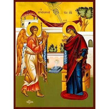 Εικόνα Ορθοδοξίας με περίγραμμα χρυσό σε ξύλο Φλαμουρίας  με  βάση Εικόνα ΕΥΑΓΓΕΛΙΣΜΟΣ ΘΕΟΤΟΚΟΥ Χειροποίητη Ελληνορθόδοξη εικόνα του Ιησού Χριστού, Κρεμαστή πλάκα βυζαντινής τέχνης, χριστιανική τέχνη Διάσταση 15x11 cm (5,9x4,3 ίντσες)  INTRAEK-337757864428 - Image 1
