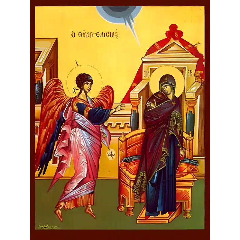 Εικόνα Ορθοδοξίας με περίγραμμα χρυσό σε ξύλο Φλαμουρίας  με  βάση Εικόνα ΕΥΑΓΓΕΛΙΣΜΟΣ ΘΕΟΤΟΚΟΥ Χειροποίητη Ελληνορθόδοξη εικόνα του Ιησού Χριστού, Κρεμαστή πλάκα βυζαντινής τέχνης, χριστιανική τέχνη Διάσταση 15x11 cm (5,9x4,3 ίντσες)  INTRAEK-337757864427