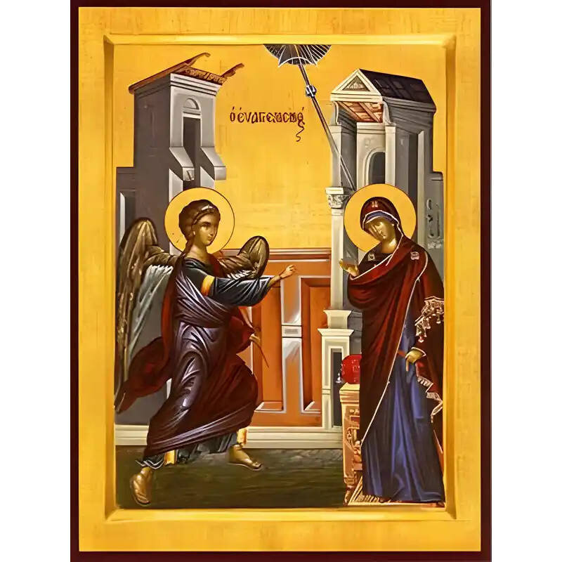 Εικόνα Ορθοδοξίας με περίγραμμα χρυσό σε ξύλο Φλαμουρίας  με  βάση Εικόνα ΕΥΑΓΓΕΛΙΣΜΟΣ ΘΕΟΤΟΚΟΥ Χειροποίητη Ελληνορθόδοξη εικόνα του Ιησού Χριστού, Κρεμαστή πλάκα βυζαντινής τέχνης, χριστιανική τέχνη Διάσταση 15x11 cm (5,9x4,3 ίντσες)  INTRAEK-337757864425
