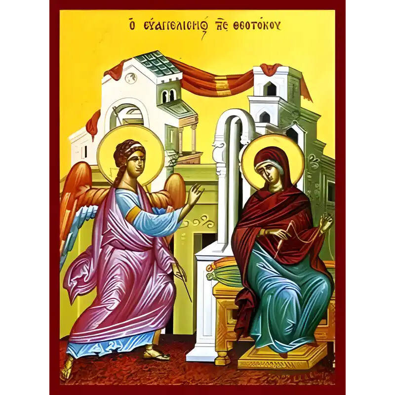 Εικόνα Ορθοδοξίας με περίγραμμα χρυσό σε ξύλο Φλαμουρίας  με  βάση Εικόνα ΕΥΑΓΓΕΛΙΣΜΟΣ ΘΕΟΤΟΚΟΥ Χειροποίητη Ελληνορθόδοξη εικόνα του Ιησού Χριστού, Κρεμαστή πλάκα βυζαντινής τέχνης, χριστιανική τέχνη Διάσταση 15x11 cm (5,9x4,3 ίντσες)  INTRAEK-337757864424