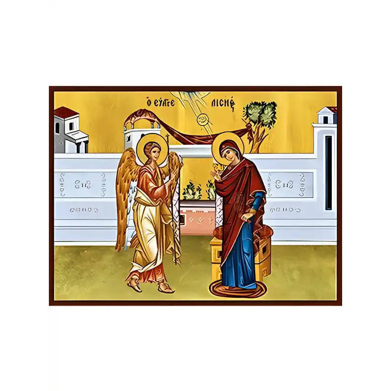 Εικόνα Ορθοδοξίας με περίγραμμα χρυσό σε ξύλο Φλαμουρίας  με  βάση Εικόνα ΕΥΑΓΓΕΛΙΣΜΟΣ ΘΕΟΤΟΚΟΥ Χειροποίητη Ελληνορθόδοξη εικόνα του Ιησού Χριστού, Κρεμαστή πλάκα βυζαντινής τέχνης, χριστιανική τέχνη Διάσταση 15x11 cm (5,9x4,3 ίντσες)  INTRAEK-337757864423
