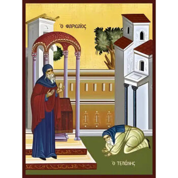 Εικόνα Ορθοδοξίας με περίγραμμα χρυσό σε ξύλο Φλαμουρίας  με  βάση Εικόνα Η ΠΑΡΑΒΟΛΗ ΤΟΥ ΤΕΛΩΝΟΥ ΚΑΙ ΤΟΥ ΦΑΡΙΣΑΙΟΥ Χειροποίητη Ελληνορθόδοξη εικόνα του Ιησού Χριστού, Κρεμαστή πλάκα βυζαντινής τέχνης, χριστιανική τέχνη Διάσταση 15x11 cm (5,9x4,3 ίντσες)  INTRAEK-337757864415 - Image 1