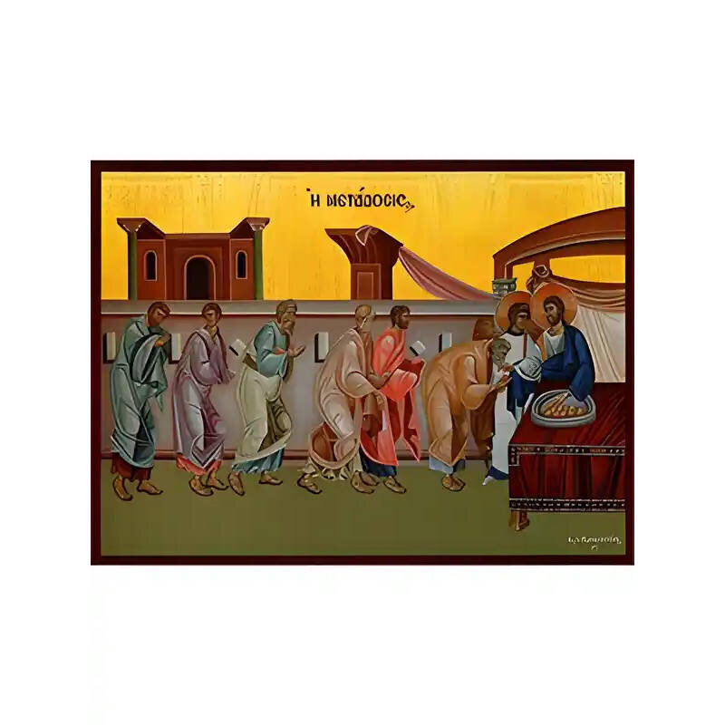 Εικόνα Ορθοδοξίας με περίγραμμα χρυσό σε ξύλο Φλαμουρίας  με  βάση Εικόνα ΘΕΙΑ ΜΕΤΑΔΟΣΙΣ ΤΟΥ ΑΡΤΟΥ Χειροποίητη Ελληνορθόδοξη εικόνα του Ιησού Χριστού, Κρεμαστή πλάκα βυζαντινής τέχνης, χριστιανική τέχνη Διάσταση 15x11 cm (5,9x4,3 ίντσες)  INTRAEK-337757864412