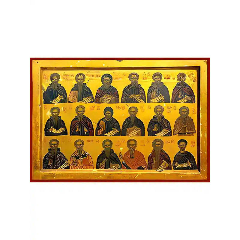 Εικόνα Ορθοδοξίας με περίγραμμα χρυσό σε ξύλο Φλαμουρίας  με  βάση Εικόνα ΘΕΟΦΟΡΟΙ ΠΑΤΕΡΕΣ ΕΝ ΑΣΚΗΣΕΙ ΔΙΑΛΑΜΨΑΝΤΕΣ Χειροποίητη Ελληνορθόδοξη εικόνα του Ιησού Χριστού, Κρεμαστή πλάκα βυζαντινής τέχνης, χριστιανική τέχνη Διάσταση 15x11 cm (5,9x4,3 ίντσες)  INTRAEK-337757864409