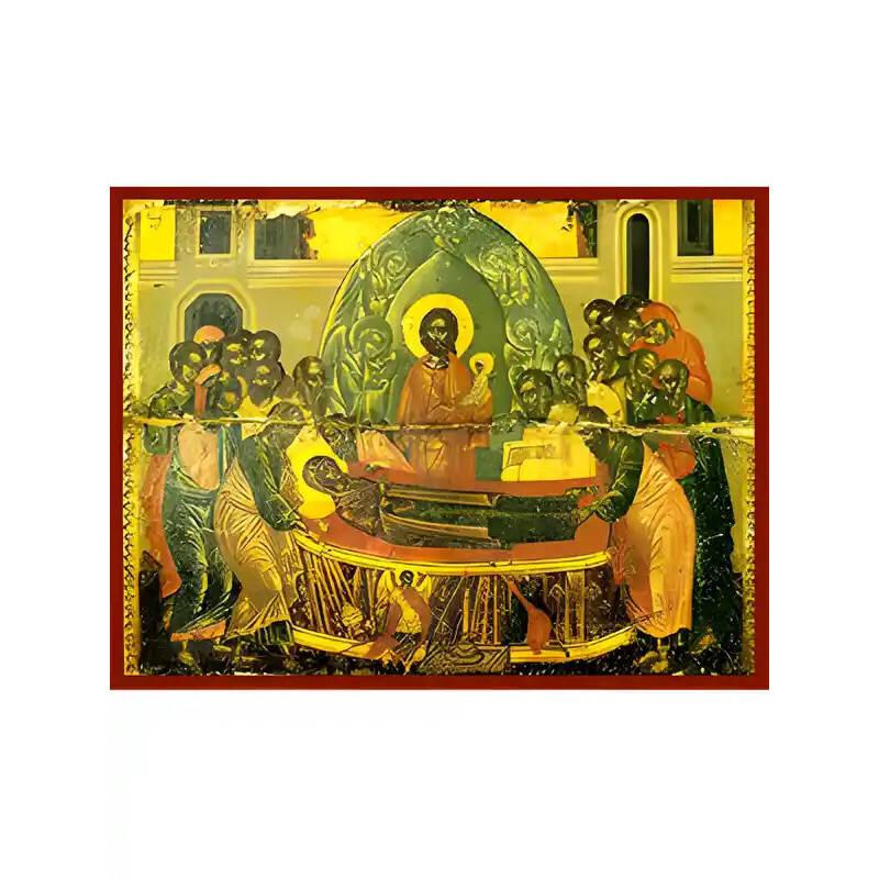 Εικόνα Ορθοδοξίας με περίγραμμα χρυσό σε ξύλο Φλαμουρίας  με  βάση Εικόνα ΚΟΙΜΗΣΙΣ ΘΕΟΤΟΚΟΥ Χειροποίητη Ελληνορθόδοξη εικόνα του Ιησού Χριστού, Κρεμαστή πλάκα βυζαντινής τέχνης, χριστιανική τέχνη Διάσταση 15x11 cm (5,9x4,3 ίντσες)  INTRAEK-337757864401