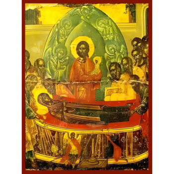 Εικόνα Ορθοδοξίας με περίγραμμα χρυσό σε ξύλο Φλαμουρίας  με  βάση Εικόνα ΚΟΙΜΗΣΙΣ ΘΕΟΤΟΚΟΥ, ΛΕΠΤΟΜΕΡΕΙΑ Χειροποίητη Ελληνορθόδοξη εικόνα του Ιησού Χριστού, Κρεμαστή πλάκα βυζαντινής τέχνης, χριστιανική τέχνη Διάσταση 15x11 cm (5,9x4,3 ίντσες)  INTRAEK-337757864399 - Image 1