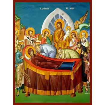 Εικόνα Ορθοδοξίας με περίγραμμα χρυσό σε ξύλο Φλαμουρίας  με  βάση Εικόνα ΚΟΙΜΗΣΙΣ ΘΕΟΤΟΚΟΥ, ΛΕΠΤΟΜΕΡΕΙΑ Χειροποίητη Ελληνορθόδοξη εικόνα του Ιησού Χριστού, Κρεμαστή πλάκα βυζαντινής τέχνης, χριστιανική τέχνη Διάσταση 15x11 cm (5,9x4,3 ίντσες)  INTRAEK-337757863735 - Image 1