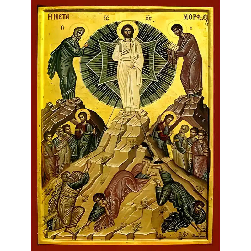 Εικόνα Ορθοδοξίας με περίγραμμα χρυσό σε ξύλο Φλαμουρίας  με  βάση Εικόνα ΜΕΤΑΜΟΡΦΩΣΙΣ ΧΡΙΣΤΟΥ Χειροποίητη Ελληνορθόδοξη εικόνα του Ιησού Χριστού, Κρεμαστή πλάκα βυζαντινής τέχνης, χριστιανική τέχνη Διάσταση 15x11 cm (5,9x4,3 ίντσες)  INTRAEK-337757863734