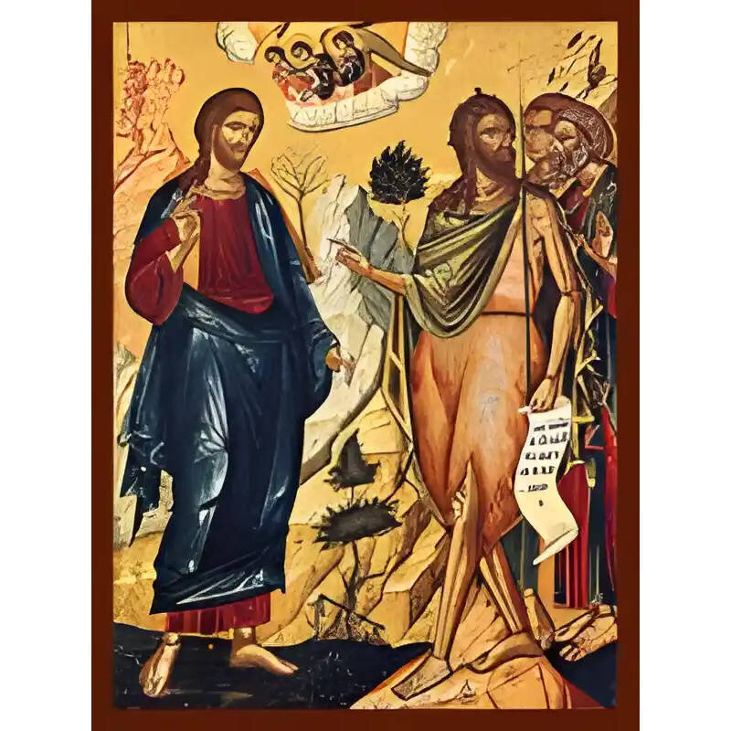 Εικόνα Ορθοδοξίας με περίγραμμα χρυσό σε ξύλο Φλαμουρίας  με  βάση Εικόνα Ο ΧΡΙΣΤΟΣ ΚΑΙ Ο ΑΓΙΟΣ ΙΩΑΝΝΗΣ Ο ΠΡΟΔΡΟΜΟΣ, “ΙΔΕ Ο ΑΜΝΟΣ ΤΟΥ ΘΕΟΥ Ο ΑΙΡΩΝ ΤΗΝ ΑΜΑΡΤΙΑΝ ΤΟΥ ΚΟΣΜΟΥ” Χειροποίητη Ελληνορθόδοξη εικόνα του Ιησού Χριστού, Κρεμαστή πλάκα βυζαντινής τέχνης, χριστιανική τέχνη Διάσταση 15x11 cm (5,9x4,3 ίντσες)  INTRAEK-337757864369