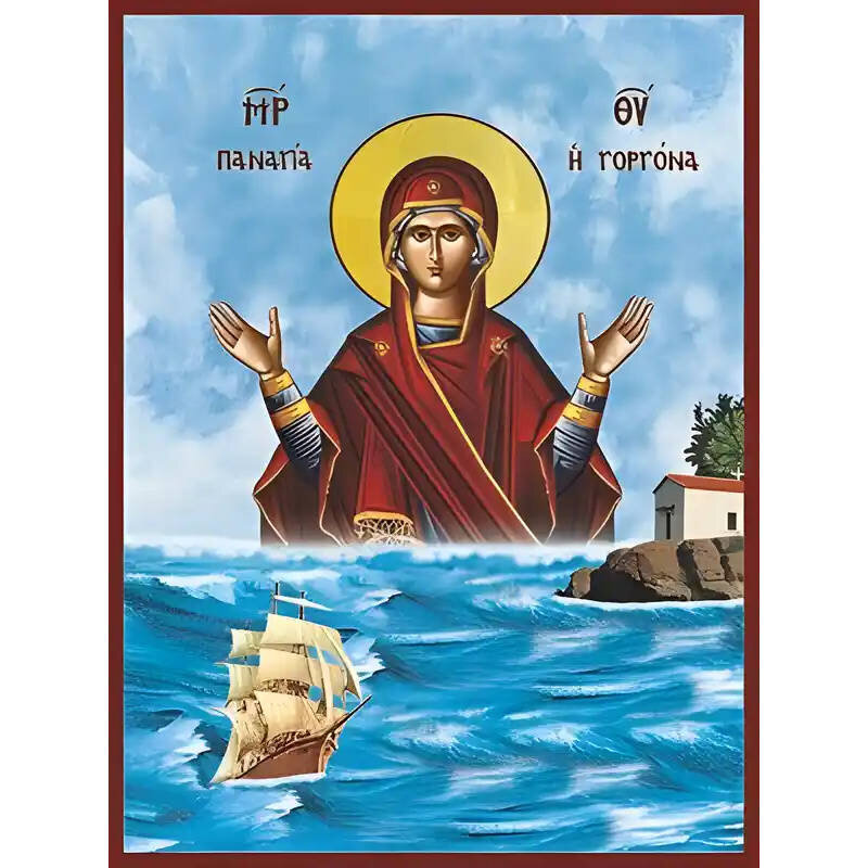 Εικόνα Ορθοδοξίας με περίγραμμα χρυσό σε ξύλο Φλαμουρίας  με  βάση Εικόνα ΠΑΝΑΓΙΑ Η ΓΟΡΓΟΝΑ, ΑΝΑΔΥΟΜΕΝΗ ΑΠΟ ΤΑ ΚΥΜΑΤΑ ΤΗΣ ΘΑΛΑΣΣΗΣ Χειροποίητη Ελληνορθόδοξη εικόνα του Ιησού Χριστού, Κρεμαστή πλάκα βυζαντινής τέχνης, χριστιανική τέχνη Διάσταση 15x11 cm (5,9x4,3 ίντσες)  INTRAEK-337757864367