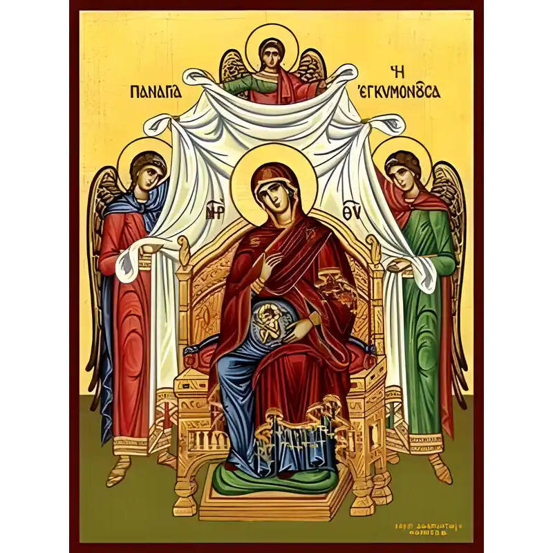 Εικόνα Ορθοδοξίας με περίγραμμα χρυσό σε ξύλο Φλαμουρίας  με  βάση Εικόνα ΠΑΝΑΓΙΑ Η ΕΓΚΥΜΟΝΟΥΣΑ, ΔΥΝΑΜΙΣ ΤΟΥ ΥΨΙΣΤΟΥ, ΕΝΘΡΟΝΟΣ Χειροποίητη Ελληνορθόδοξη εικόνα του Ιησού Χριστού, Κρεμαστή πλάκα βυζαντινής τέχνης, χριστιανική τέχνη Διάσταση 15x11 cm (5,9x4,3 ίντσες)  INTRAEK-337757864366