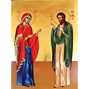 Εικόνα Ορθοδοξίας με περίγραμμα χρυσό σε ξύλο Φλαμουρίας  με  βάση Εικόνα ΠΑΝΑΓΙΑ ΚΑΙ ΑΓΙΟΣ ΙΩΑΝΝΗΣ Ο ΠΡΟΔΡΟΜΟΣ, ΕΚ ΤΗΣ ΔΕΗΣΕΩΣ, ΟΛΟΣΩΜΟΙ Χειροποίητη Ελληνορθόδοξη εικόνα του Ιησού Χριστού, Κρεμαστή πλάκα βυζαντινής τέχνης, χριστιανική τέχνη Διάσταση 15x11 cm (5,9x4,3 ίντσες)  INTRAEK-337757864363