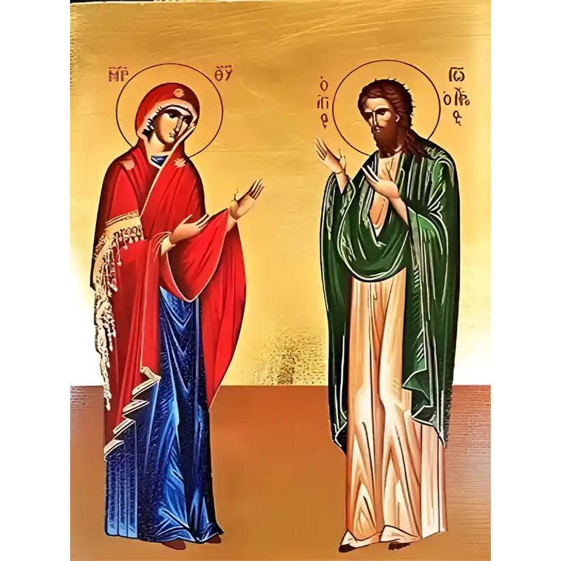 Εικόνα Ορθοδοξίας με περίγραμμα χρυσό σε ξύλο Φλαμουρίας  με  βάση Εικόνα ΠΑΝΑΓΙΑ ΚΑΙ ΑΓΙΟΣ ΙΩΑΝΝΗΣ Ο ΠΡΟΔΡΟΜΟΣ, ΕΚ ΤΗΣ ΔΕΗΣΕΩΣ, ΟΛΟΣΩΜΟΙ Χειροποίητη Ελληνορθόδοξη εικόνα του Ιησού Χριστού, Κρεμαστή πλάκα βυζαντινής τέχνης, χριστιανική τέχνη Διάσταση 15x11 cm (5,9x4,3 ίντσες)  INTRAEK-337757864363