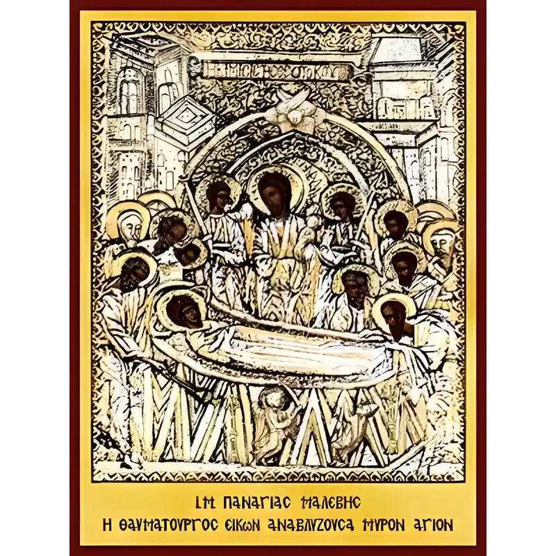 Εικόνα Ορθοδοξίας με περίγραμμα χρυσό σε ξύλο Φλαμουρίας  με  βάση Εικόνα ΠΑΝΑΓΙΑ ΜΑΛΕΒΗΣ (ΚΟΙΜΗΣΙΣ) Χειροποίητη Ελληνορθόδοξη εικόνα του Ιησού Χριστού, Κρεμαστή πλάκα βυζαντινής τέχνης, χριστιανική τέχνη Διάσταση 15x11 cm (5,9x4,3 ίντσες)  INTRAEK-337757864362