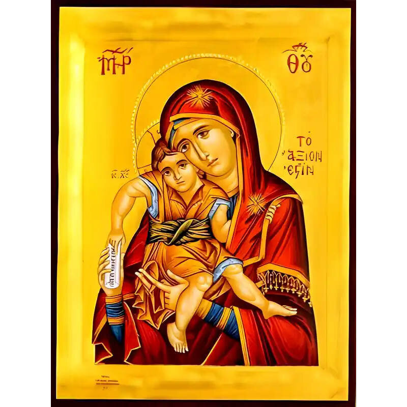 Εικόνα Ορθοδοξίας με περίγραμμα χρυσό σε ξύλο Φλαμουρίας  με  βάση Εικόνα ΠΑΝΑΓΙΑ ΜΕ ΧΡΙΣΤΟ, ΑΞΙΟΝ ΕΣΤΙ Χειροποίητη Ελληνορθόδοξη εικόνα του Ιησού Χριστού, Κρεμαστή πλάκα βυζαντινής τέχνης, χριστιανική τέχνη Διάσταση 15x11 cm (5,9x4,3 ίντσες)  INTRAEK-337757864355