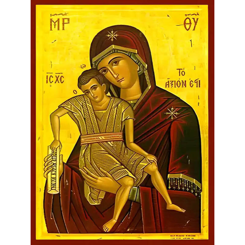 Εικόνα Ορθοδοξίας με περίγραμμα χρυσό σε ξύλο Φλαμουρίας  με  βάση Εικόνα ΠΑΝΑΓΙΑ ΜΕ ΧΡΙΣΤΟ, ΑΞΙΟΝ ΕΣΤΙ Χειροποίητη Ελληνορθόδοξη εικόνα του Ιησού Χριστού, Κρεμαστή πλάκα βυζαντινής τέχνης, χριστιανική τέχνη Διάσταση 15x11 cm (5,9x4,3 ίντσες)  INTRAEK-337757864354