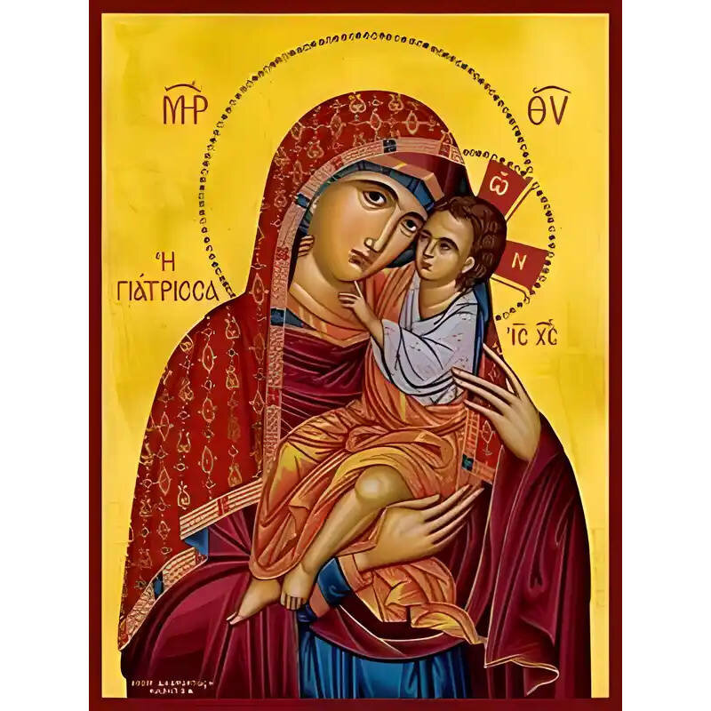 Εικόνα Ορθοδοξίας με περίγραμμα χρυσό σε ξύλο Φλαμουρίας  με  βάση Εικόνα ΠΑΝΑΓΙΑ ΜΕ ΧΡΙΣΤΟ, ΓΙΑΤΡΙΣΣΑ Χειροποίητη Ελληνορθόδοξη εικόνα του Ιησού Χριστού, Κρεμαστή πλάκα βυζαντινής τέχνης, χριστιανική τέχνη Διάσταση 15x11 cm (5,9x4,3 ίντσες)  INTRAEK-337757863729